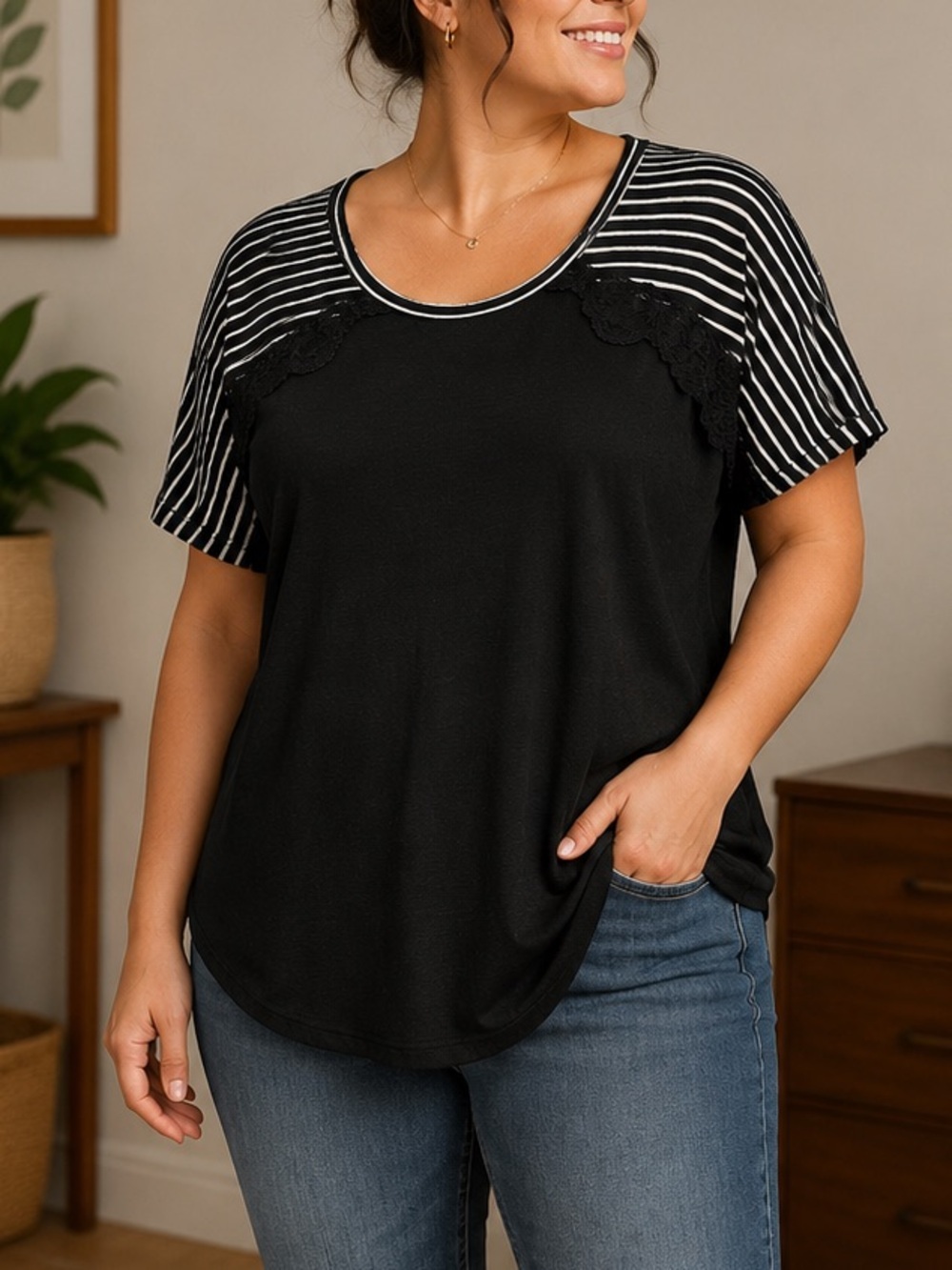 Black Short Sleeve Women's Top with Striped Yoke and Lace Detail